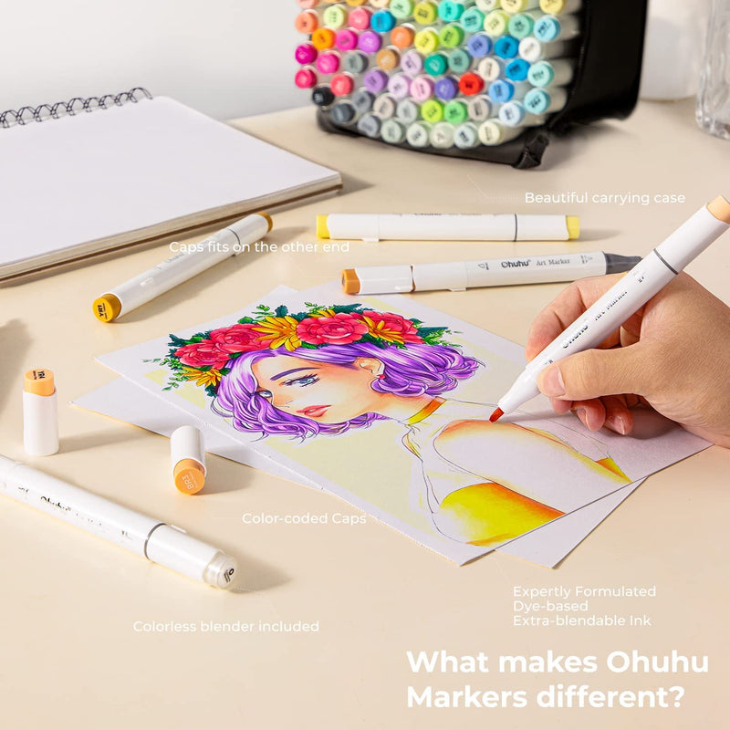 Ohuhu Brush & Chisel 72 Basic Colors Dual Tips Alcohol Art Markers Y30-80401-95