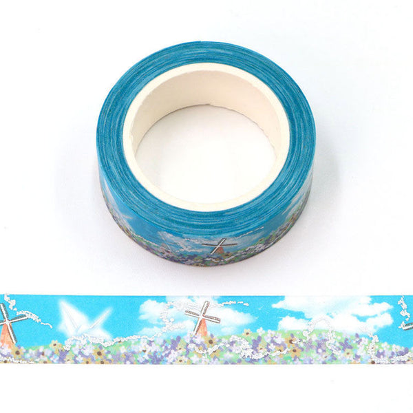 Silver Holographic Foil Flowers and Windmills Washi Tape 15mm x 10m