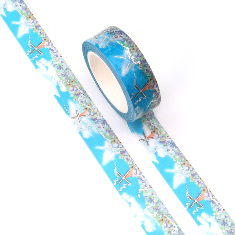 Silver Holographic Foil Flowers and Windmills Washi Tape 15mm x 10m