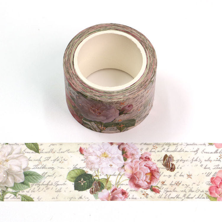 Gold Foil Rose and Vintage Letters Washi Tape 30mm x 10m