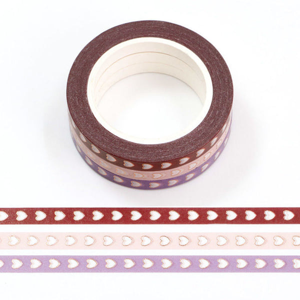 3 Rolls Gold Foil Solid Color and Heart Washi Tape 5mm x 10m