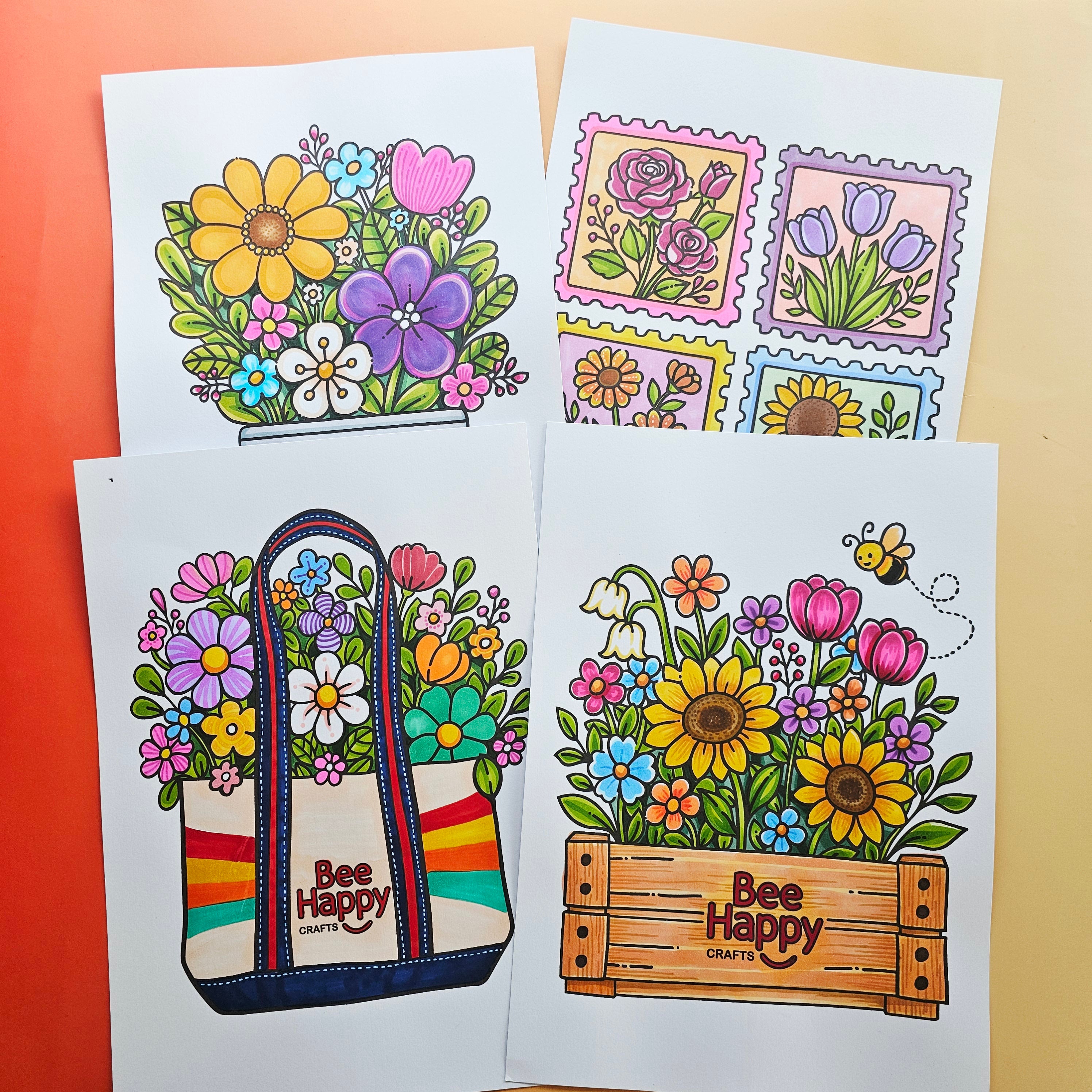 Bee Happy Coloring Pages - Printable Coloring Cards (Digital Download)
