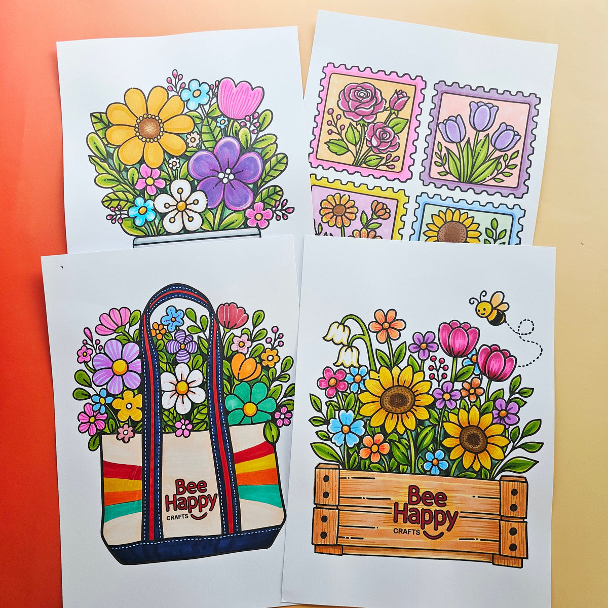 Bee Happy Coloring Pages - Printable Coloring Cards (Digital Download)