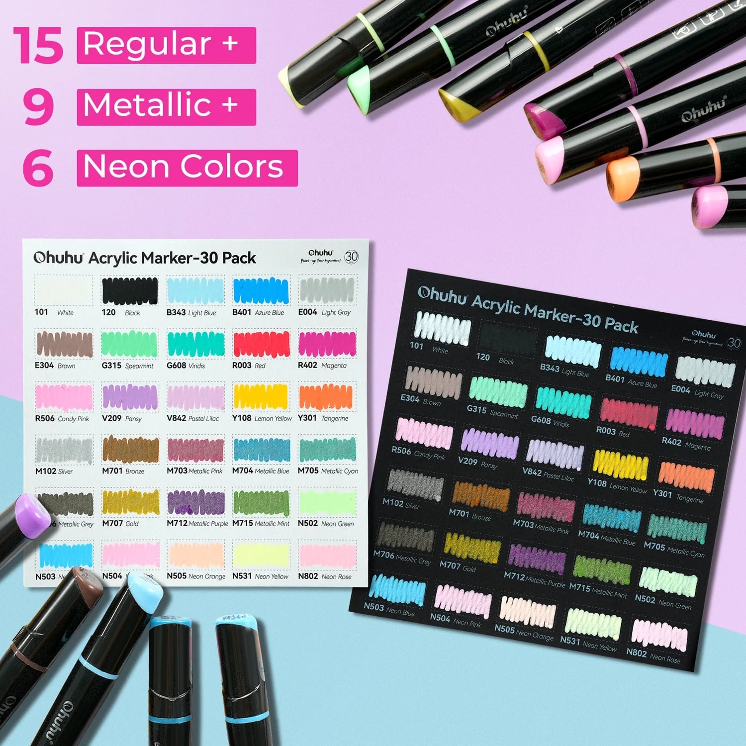 Ohuhu Kakaako Dual Nib Waterproof Acrylic Markers / Acrylic Pens 30 & 90 Colors Y30-80601-08, Y30-80601-60