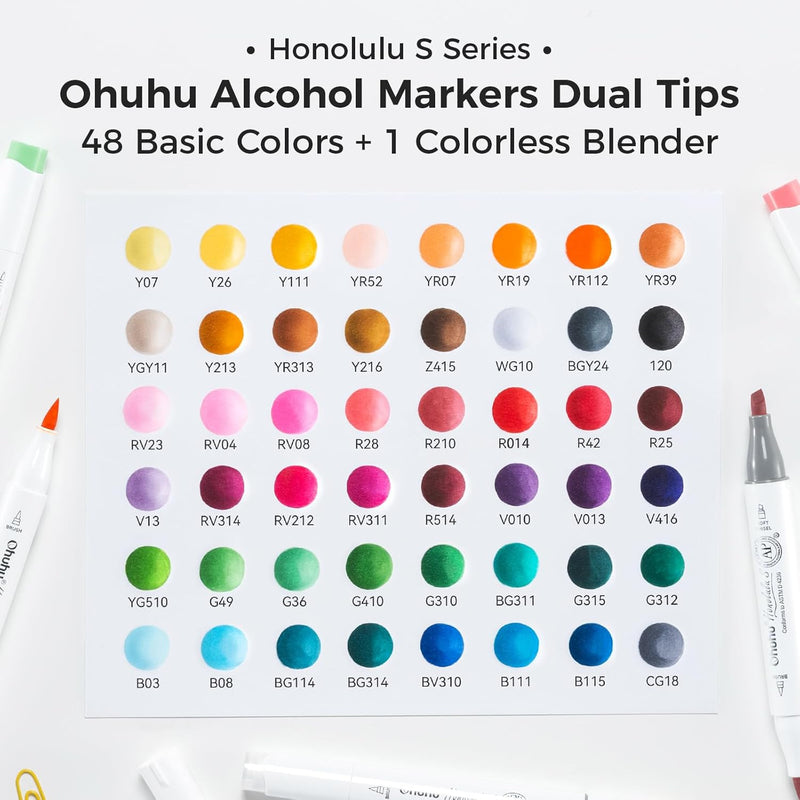 Ohuhu Alcohol Markers Honolulu S 48-color Brush & Soft Chisel Dual Tips Y30-80405-36