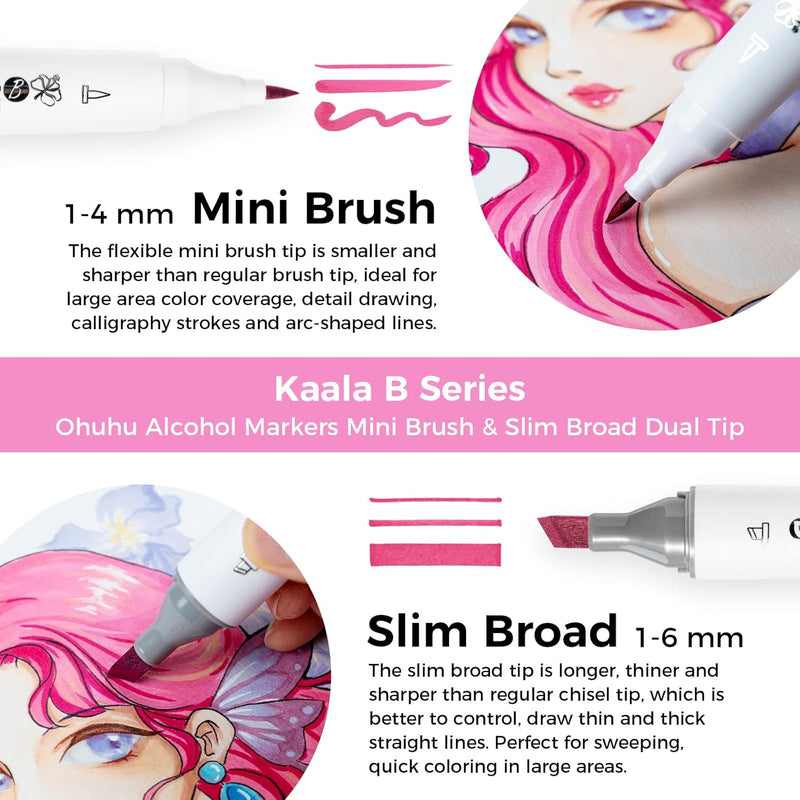 Ohuhu Kaala B Series Mini Brush & Slim Broad 60 Illustration Colors Dual Tip Brush Tip Alcohol-based Art Marker Y30-80403-75