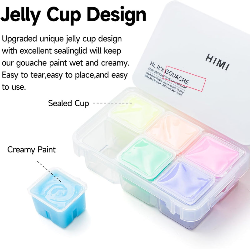 Miya Himi Glow in The Dark Jelly Gouache Paint Set 6 Colors 23ml Jelly Cup Design