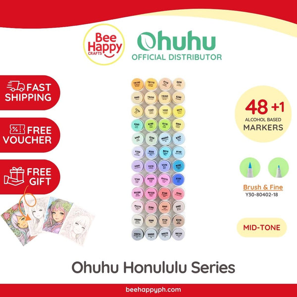 Ohuhu Honolulu 48 Mid Tone Colors Dual Tips Alcohol Art Markers Y30-80401-56 & Y30-80402-18