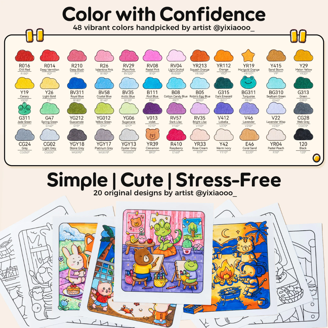 Ohuhu Coloring Book with Honolulu B (Brush and Fine) 48 Colors Alcohol Markers  Y30-80406-18 | New Limited Edition