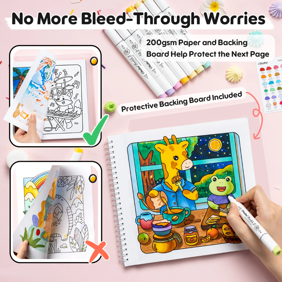 Ohuhu Coloring Book with Honolulu B (Brush and Fine) 48 Colors Alcohol Markers  Y30-80406-18 | New Limited Edition