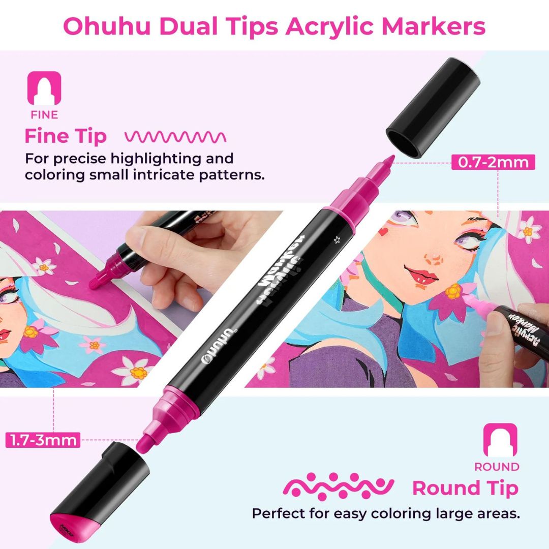 Ohuhu Kakaako Dual Nib Waterproof Acrylic Markers / Acrylic Pens 30 & 90 Colors Y30-80601-08, Y30-80601-60