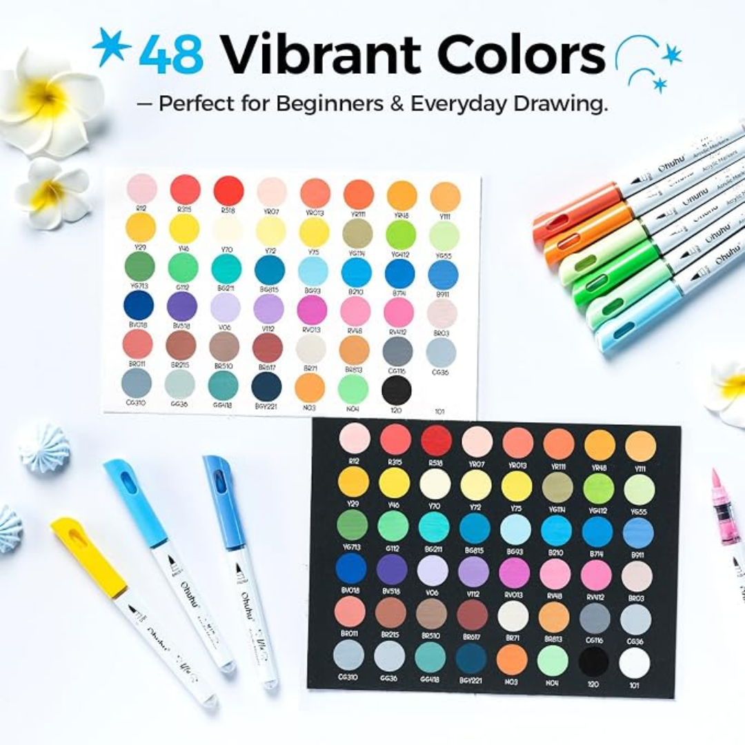Ohuhu Ulu Direct Liquid Style Acrylic Pen Single Head Nylon Soft Tip 48 Colors Y30-80602-13
