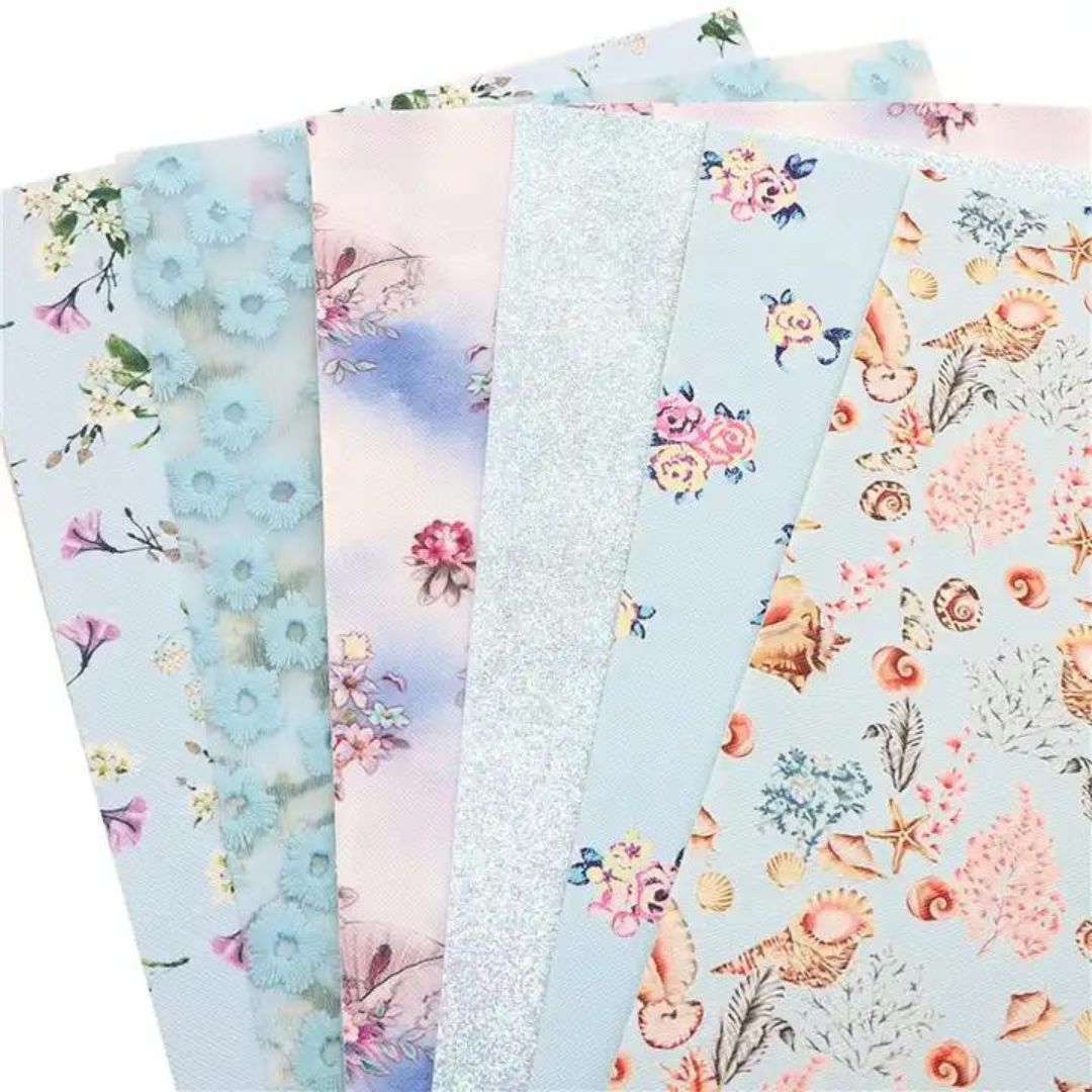 Bee Happy Faux Leather Sheets - Pastel Blue Series Floral Glitter 6pcs