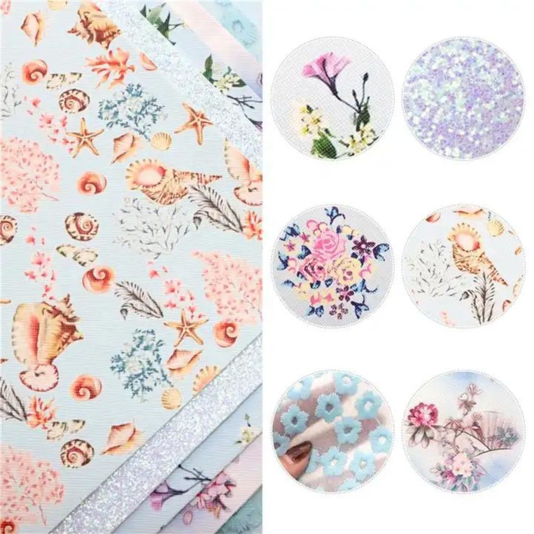 Bee Happy Faux Leather Sheets - Pastel Blue Series Floral Glitter 6pcs
