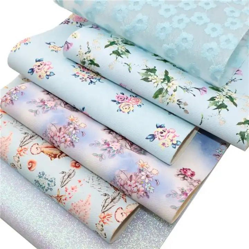 Bee Happy Faux Leather Sheets - Pastel Blue Series Floral Glitter 6pcs
