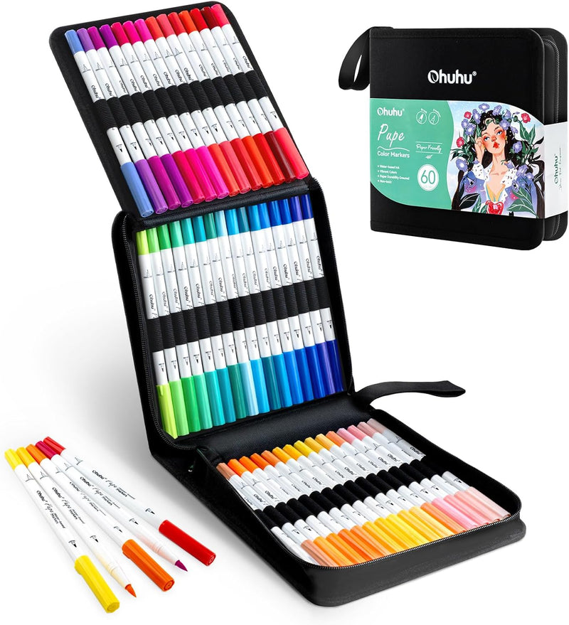 Ohuhu Pupe Paper-friendly (No Peeling) Brush and Fineliner Dual Tips 60 Colors Y30-80601-39