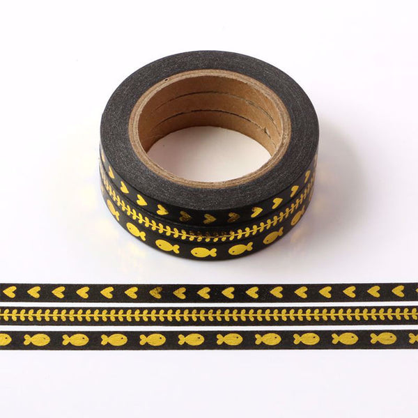 Gold Foil on Slim Black Washi Tape 5mm x 10m