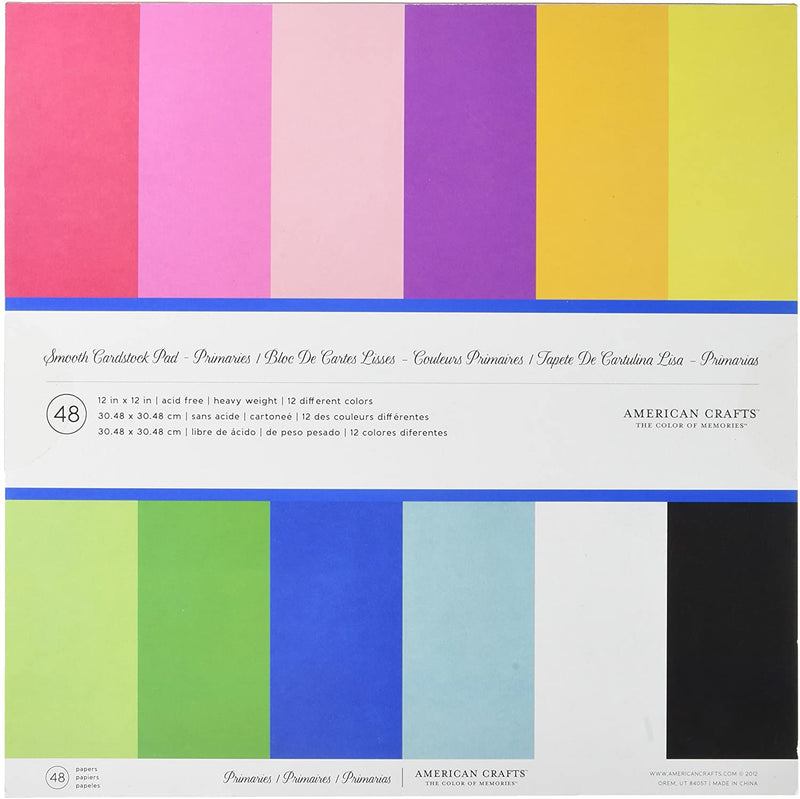 American Crafts Smooth Cardstocks Primaries 12" x 12", 48 Sheets 216gsm