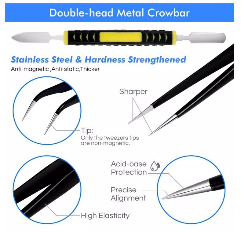 Anti-Static Stainless Steel Tweezers Set with Double-Head Metal Crowbar