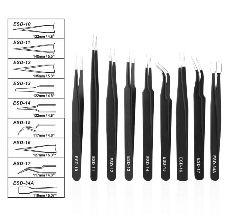 Anti-Static Stainless Steel Tweezers Set with Double-Head Metal Crowbar