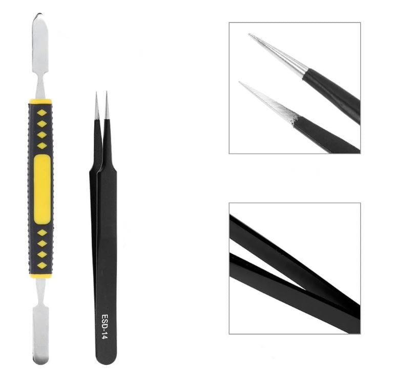 Anti-Static Stainless Steel Tweezers Set with Double-Head Metal Crowbar