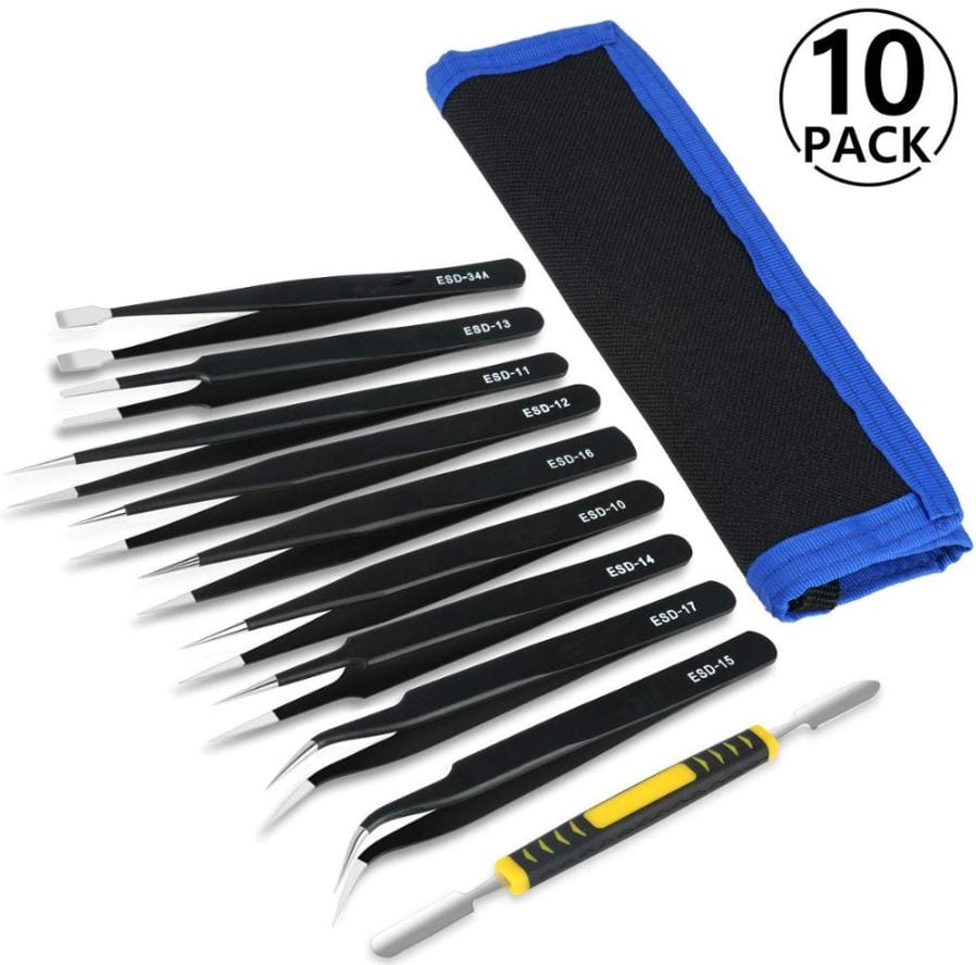 Anti-Static Stainless Steel Tweezers Set with Double-Head Metal Crowbar