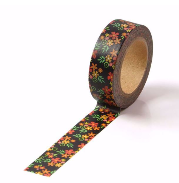 Bright Colored Flowers on Black Washi Tape 15mm x 10m