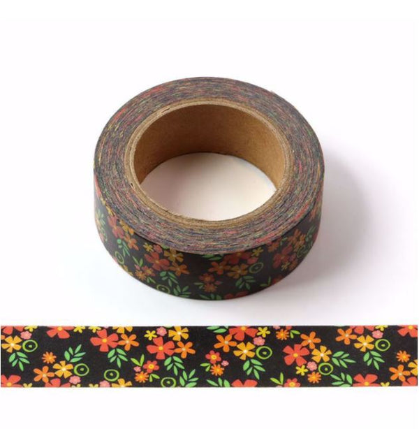Bright Colored Flowers on Black Washi Tape 15mm x 10m