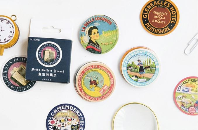 Mo Card Retro Camembert and Other Round Labels Sticker Flakes in a Box