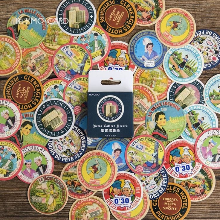 Mo Card Retro Camembert and Other Round Labels Sticker Flakes in a Box
