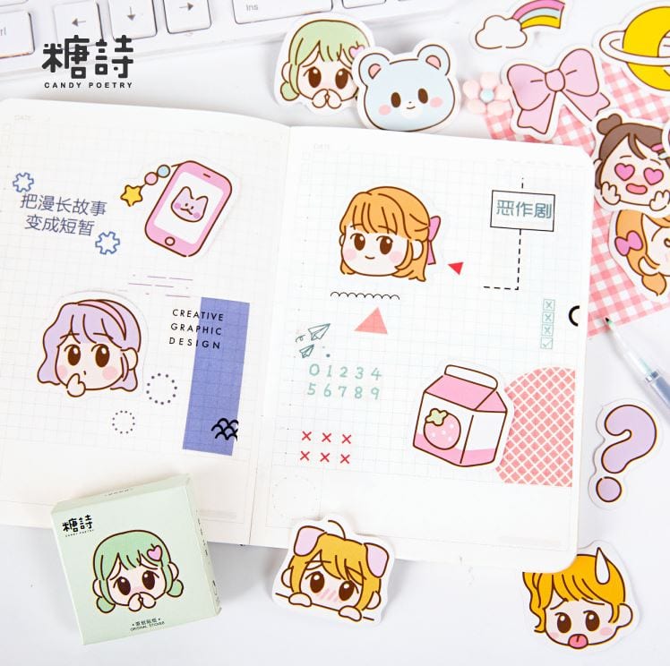 Candy Poetry Cute Girl Emote Sticker Flakes in a Box