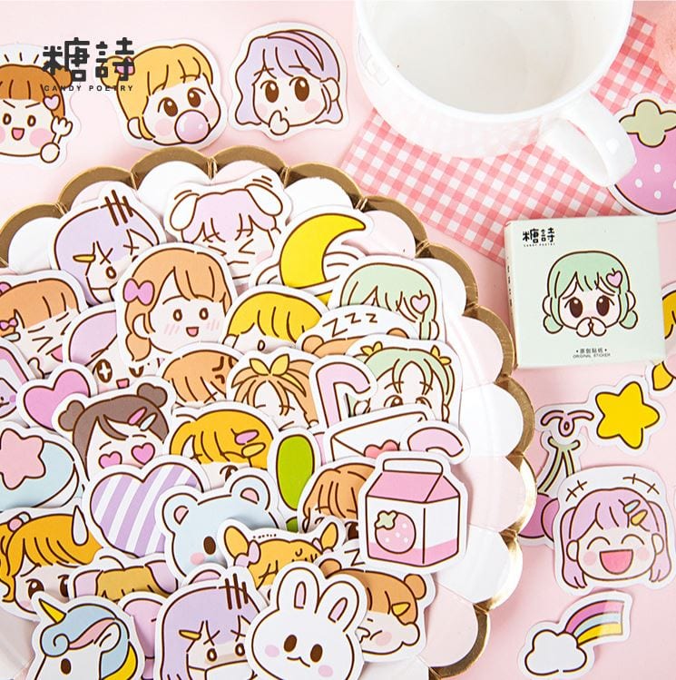 Candy Poetry Cute Girl Emote Sticker Flakes in a Box