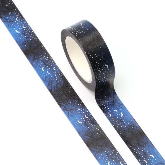 Dark Forest with Holographic Foil Stars and Bats Halloween Washi Tape (15mm x 10m)