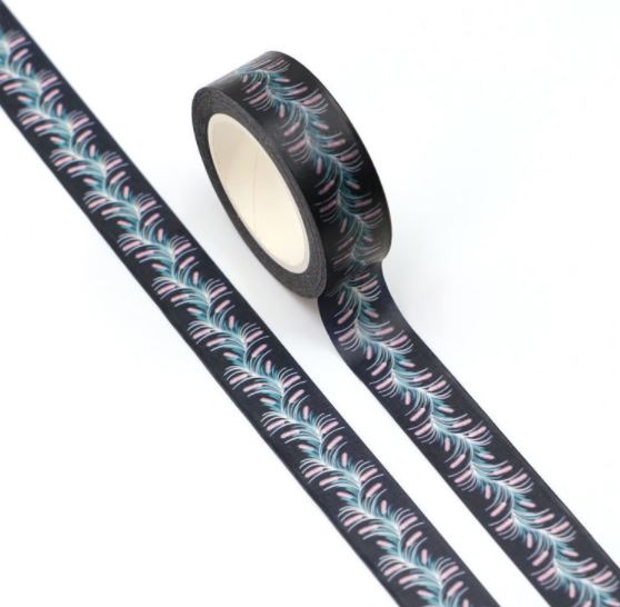 Feathery Flowers on Dark Background Washi Tape 15mm x 10m