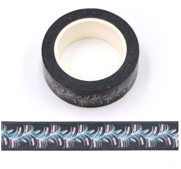 Feathery Flowers on Dark Background Washi Tape 15mm x 10m