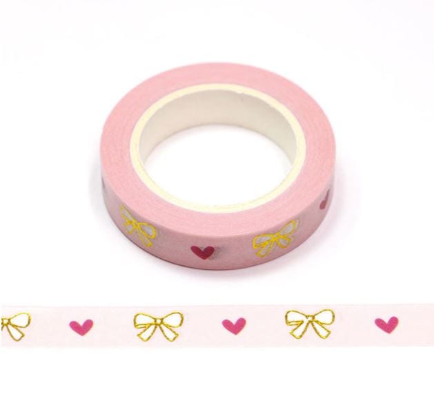 Foil Bows and Hearts on Pink Washi Tape 10mm x 10m