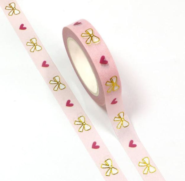 Foil Bows and Hearts on Pink Washi Tape 10mm x 10m