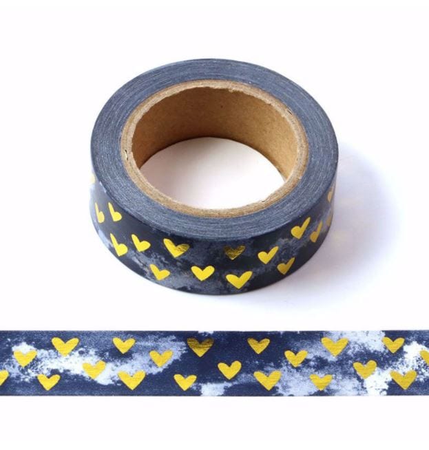 Foil Hearts on Black Marble Washi Tape 15mm x 10m