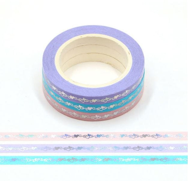Foil Hearts on Slim Pastels Washi Tape 3 Rolls 5mm x 10m
