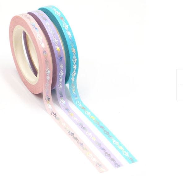 Foil Hearts on Slim Pastels Washi Tape 3 Rolls 5mm x 10m