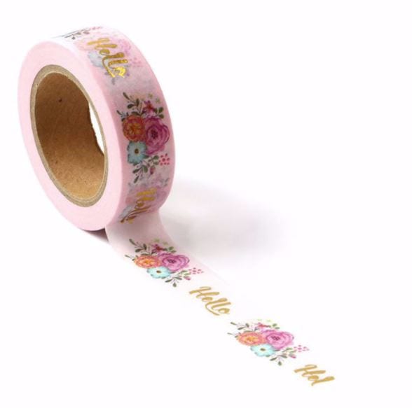 Foil Hello with Flowers on Pink Washi Tape 15mm x 10m