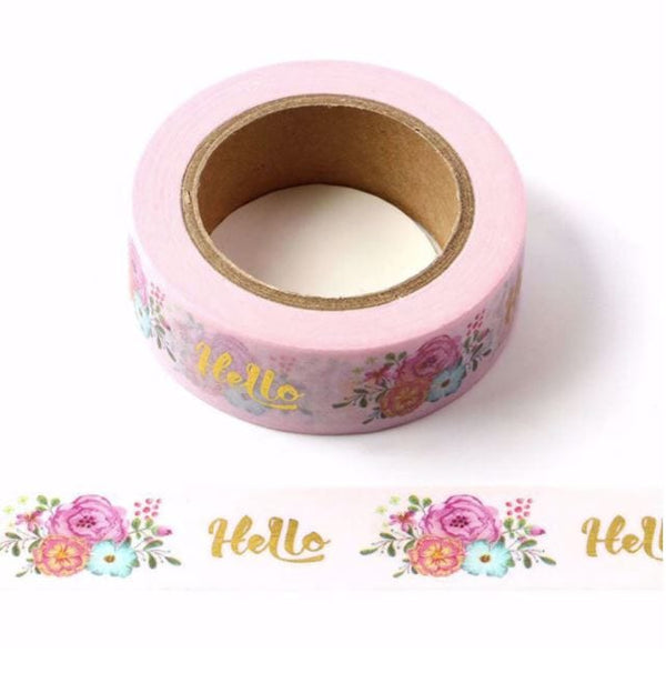 Foil Hello with Flowers on Pink Washi Tape 15mm x 10m