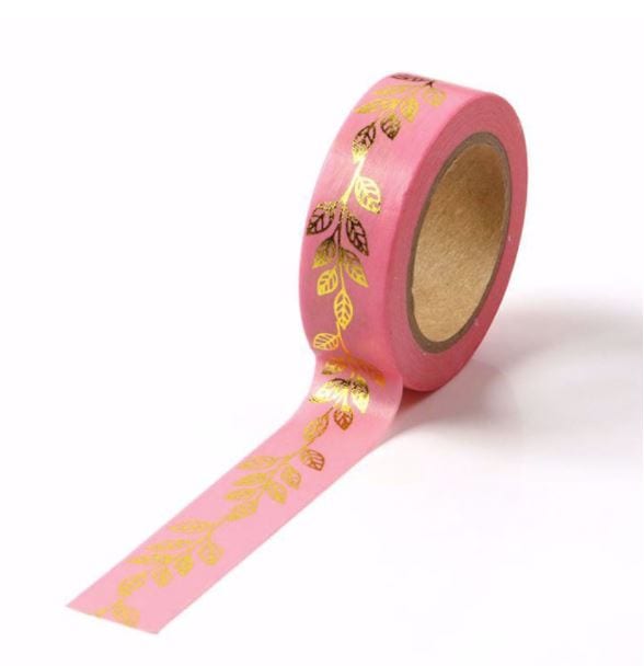 Foil Leaves on Pink Washi Tape 15mm x 10m