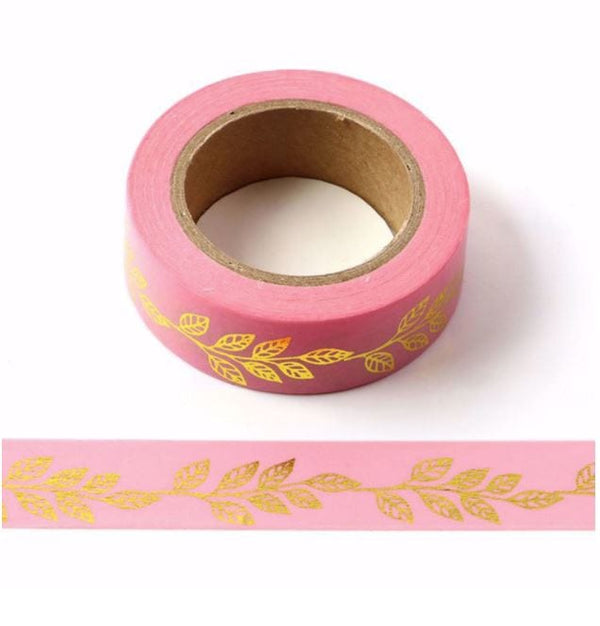 Foil Leaves on Pink Washi Tape 15mm x 10m