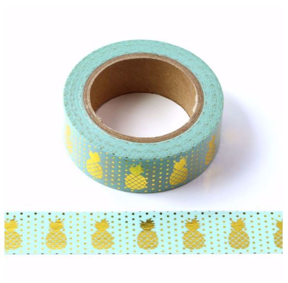 Gold Foil Pineapple on Mint Green Background Washi Tape (15mm x 10m)