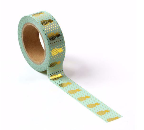 Gold Foil Pineapple on Mint Green Background Washi Tape (15mm x 10m)