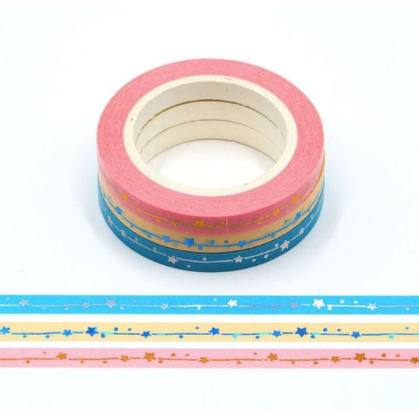 Foil Stars on Slim Pastels Washi Tape 3 Rolls 5mm x 10m