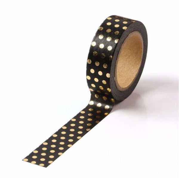 Gold Foil Polka on Black Washi Tape (15mm x 10m)