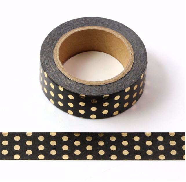 Gold Foil Polka on Black Washi Tape (15mm x 10m)