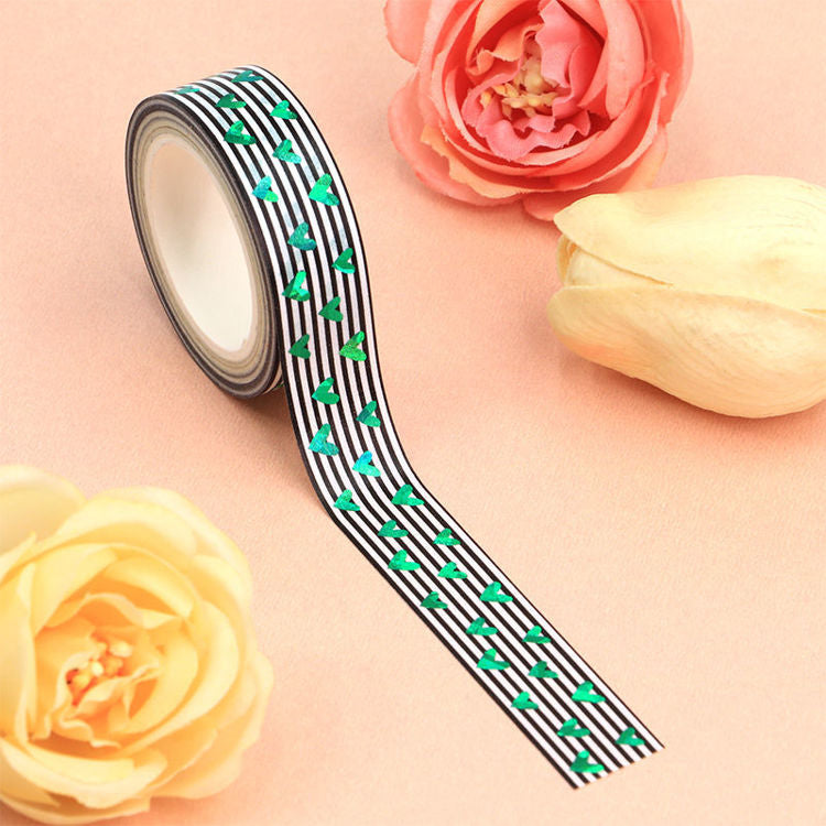Foil Green Litter Heart Washi Tape 15mm x 10m